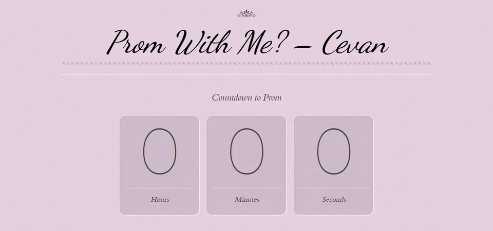 The 2013 site: "Prom With Me? – Cevan" in a script font on lavender, above a countdown to prom