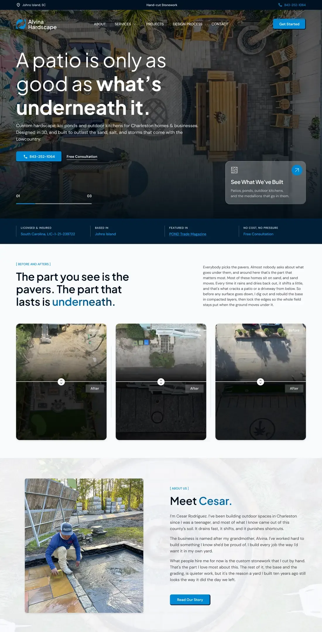 Alvina Hardscape homepage design on desktop, full page: the "What's underneath" hero, base prep photos, services, custom medallions, projects and the four-step process