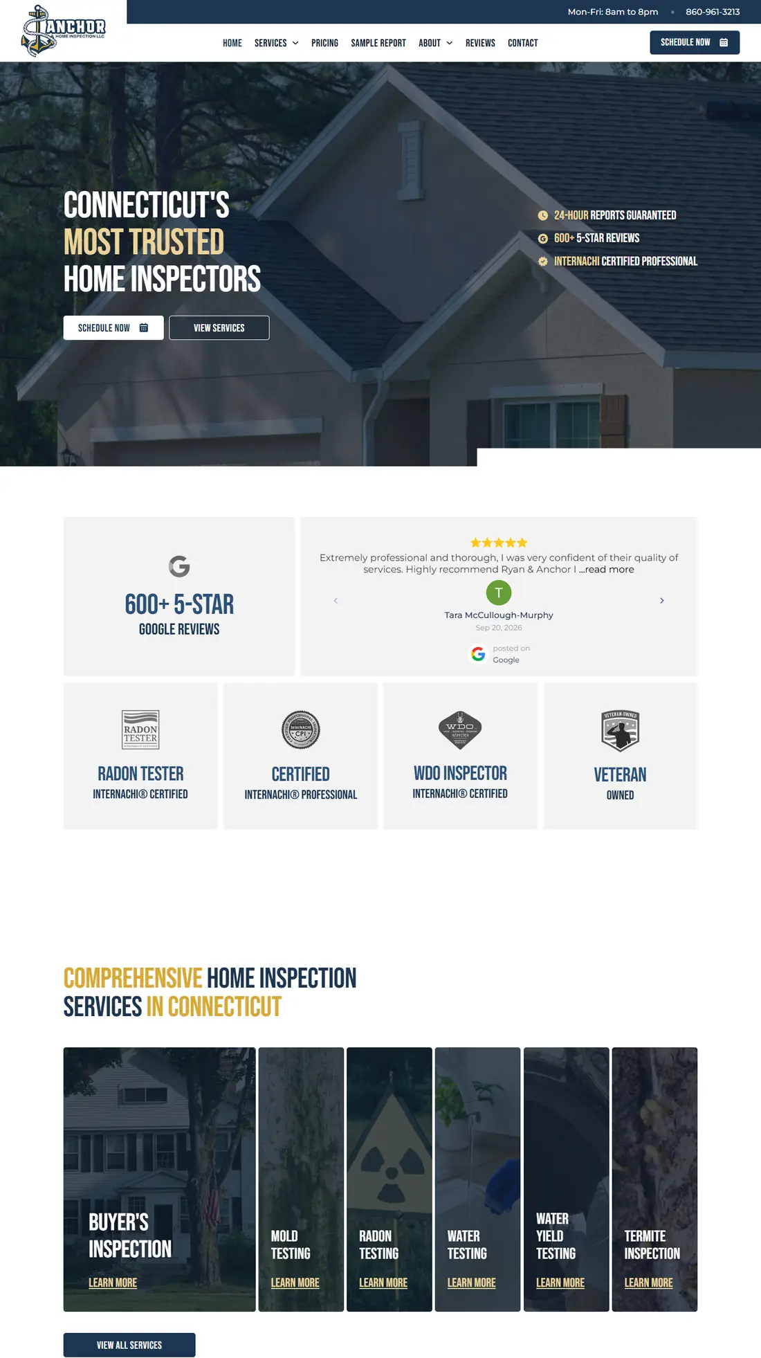 Anchor Home Inspection on desktop, full page: the "Connecticut's Most Trusted Home Inspectors" hero, reviews, services, the four-step process, the sample report and service areas