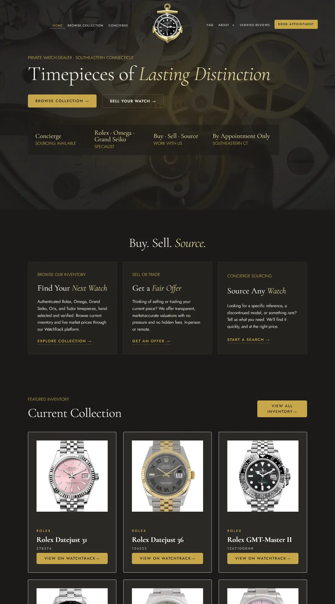 Anchor Luxury Watch Co. on desktop, full page: the black and gold hero, the Buy, Sell, Source cards and featured inventory