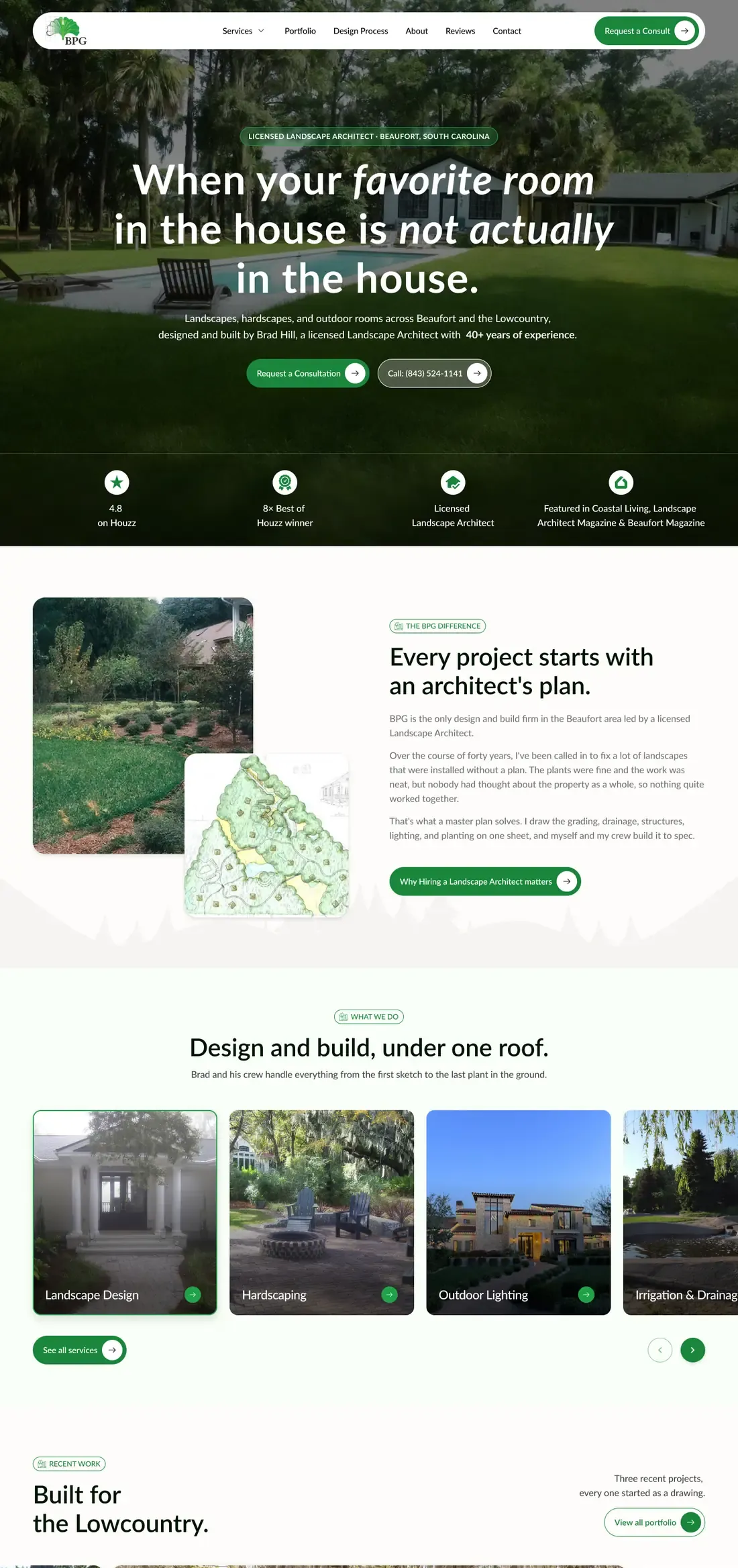 BPG Landscape homepage design on desktop, full page: the outdoor-room hero, proof bar, services, process, reviews and service-area map