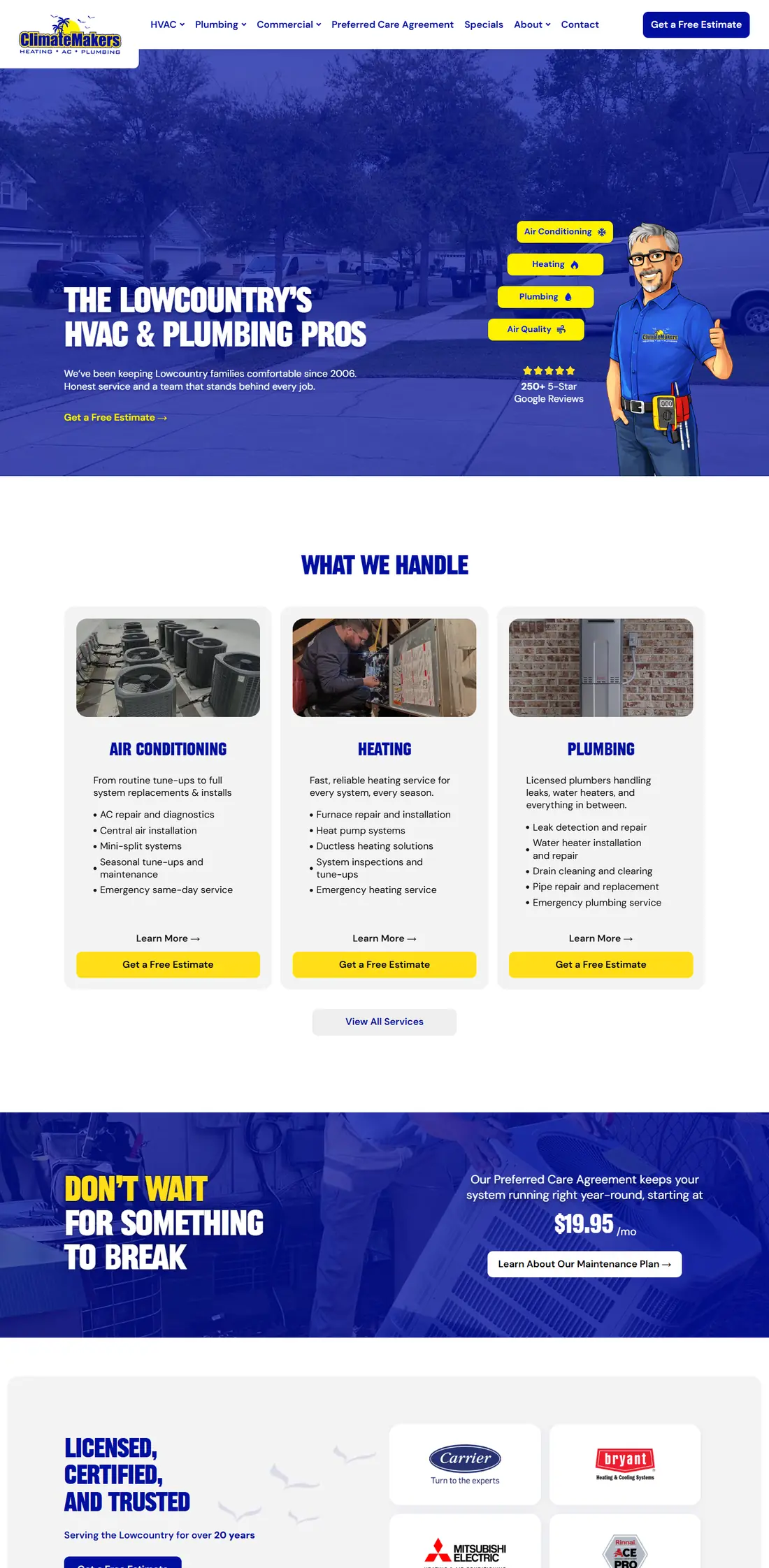 ClimateMakers on desktop, full page: the HVAC and plumbing hero with the review badge, services and the maintenance plan