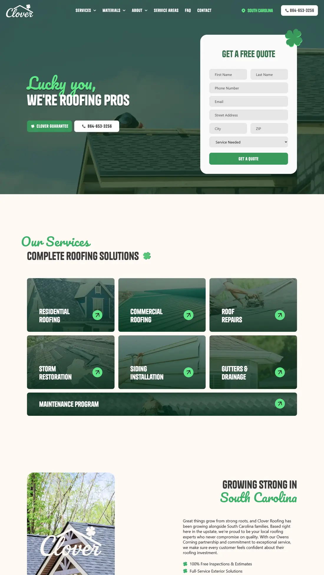 Clover Roofing on desktop, full page: the "Lucky you" hero with the quote form, warranty band and services