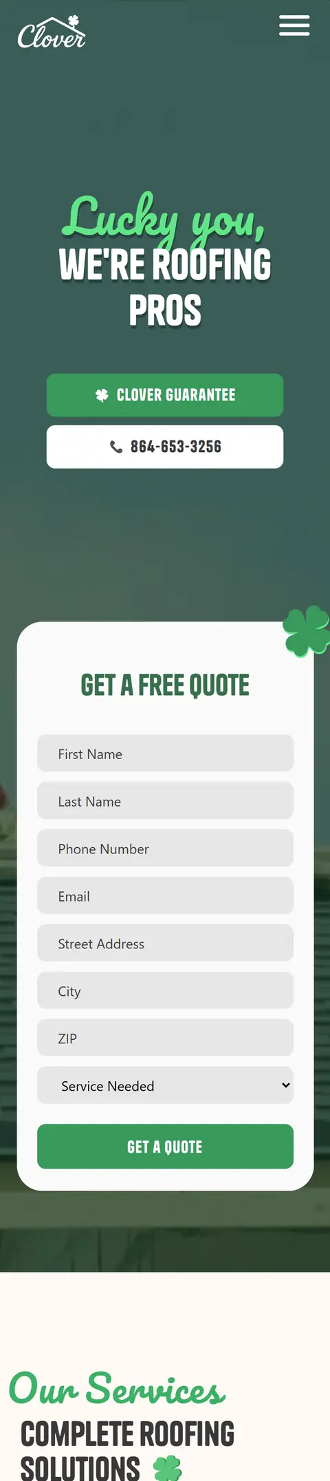 Clover Roofing on a phone, full page