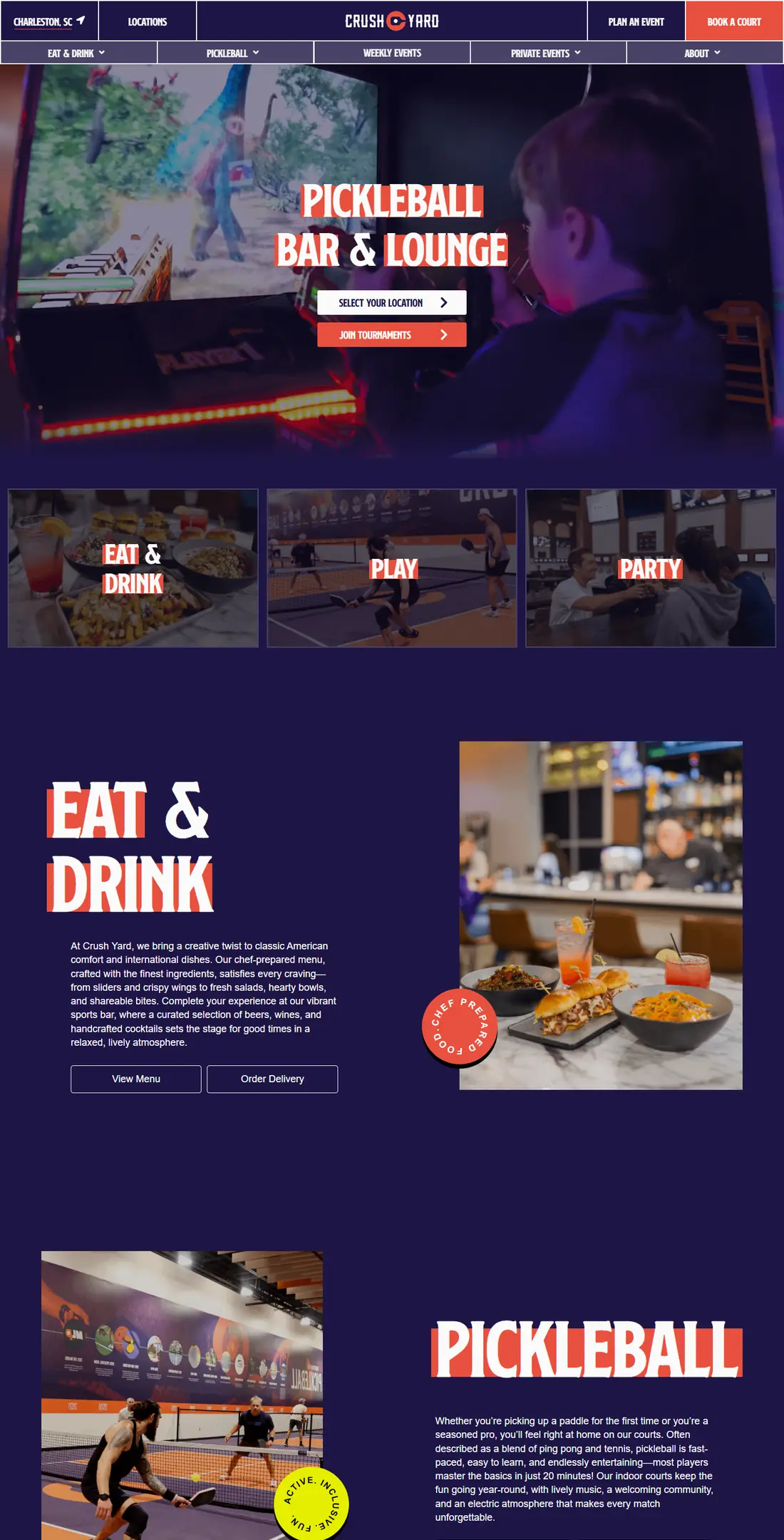 Crush Yard on desktop, full page: the play, eat and party hero, courts, food and locations