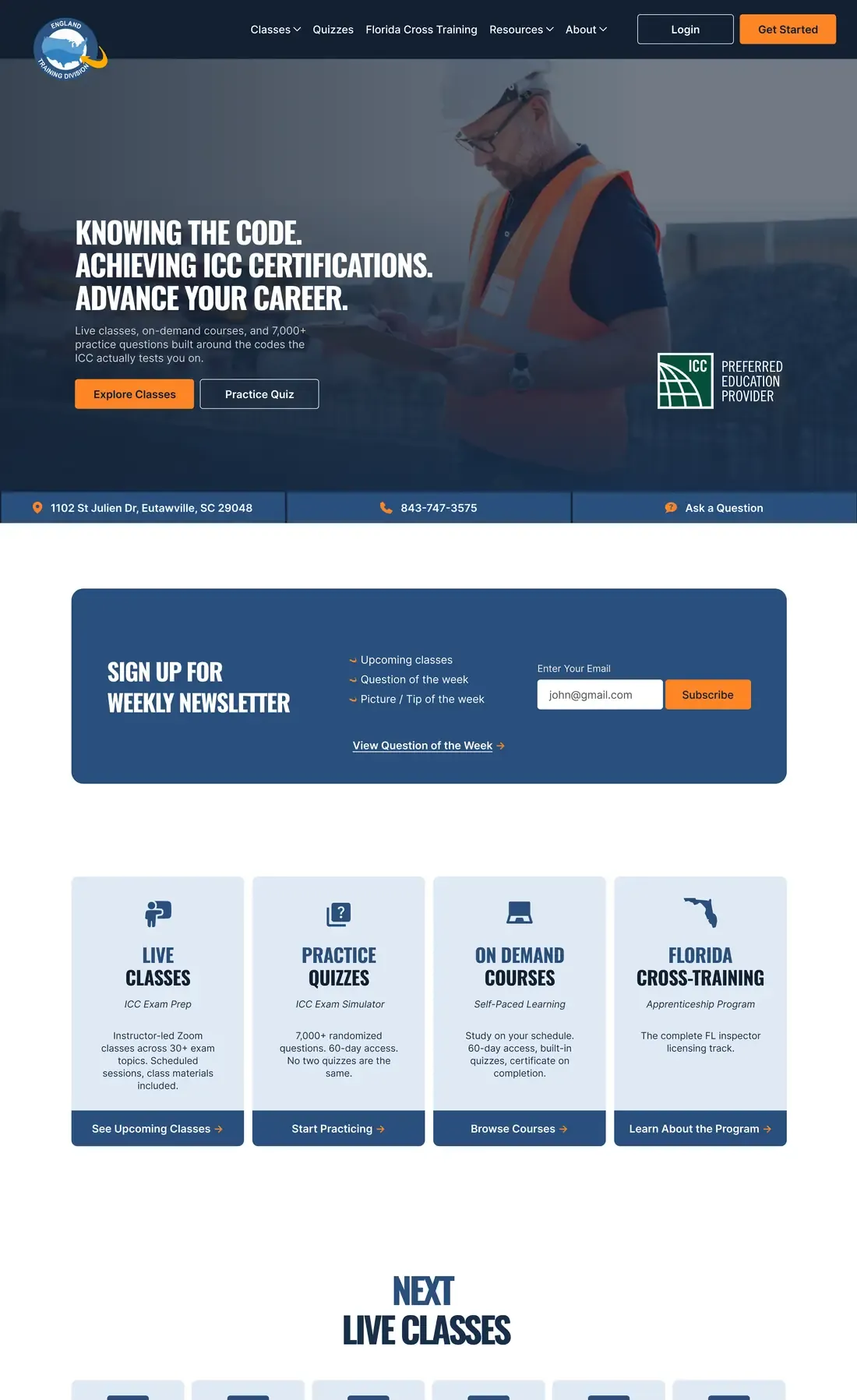 England Training Division homepage design on desktop, full page: the Knowing the Code hero, class types, upcoming live classes and exam prep by certification