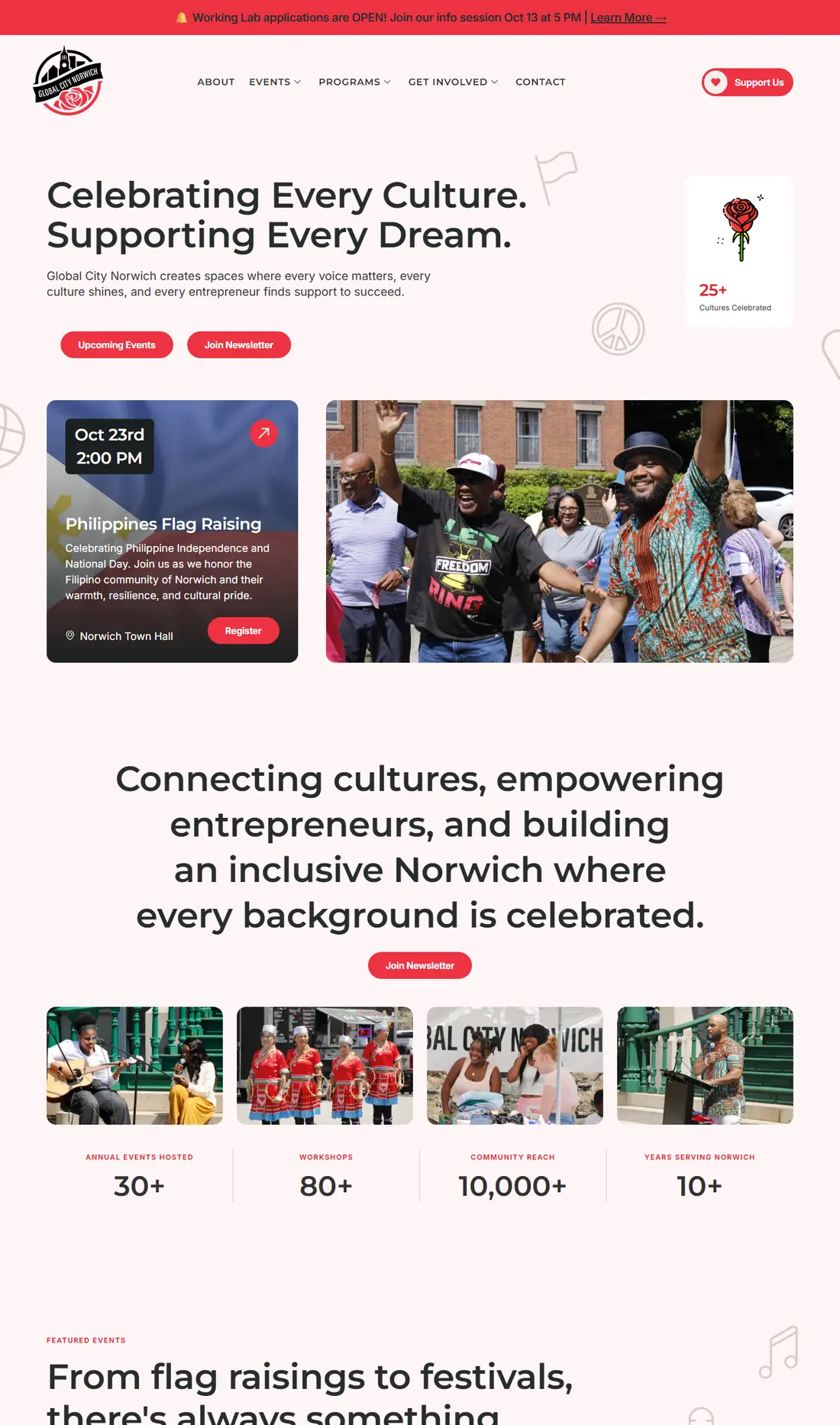 Global City Norwich on desktop, full page: the Celebrating Every Culture hero with the next event, programs and community photos