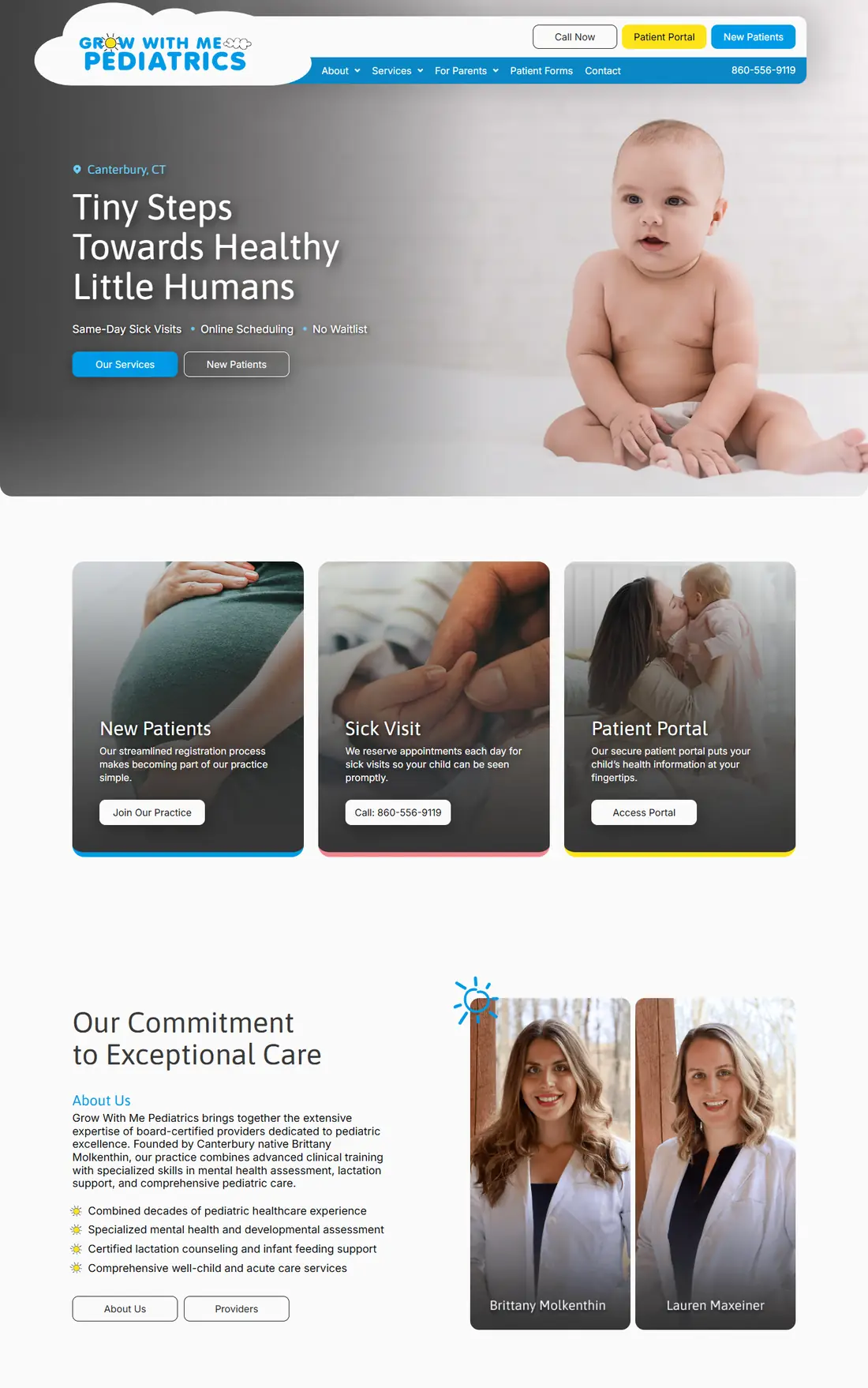 Grow With Me Pediatrics on desktop, full page: the "Tiny Steps Towards Healthy Little Humans" hero, visit cards, the providers, the office, services and contact