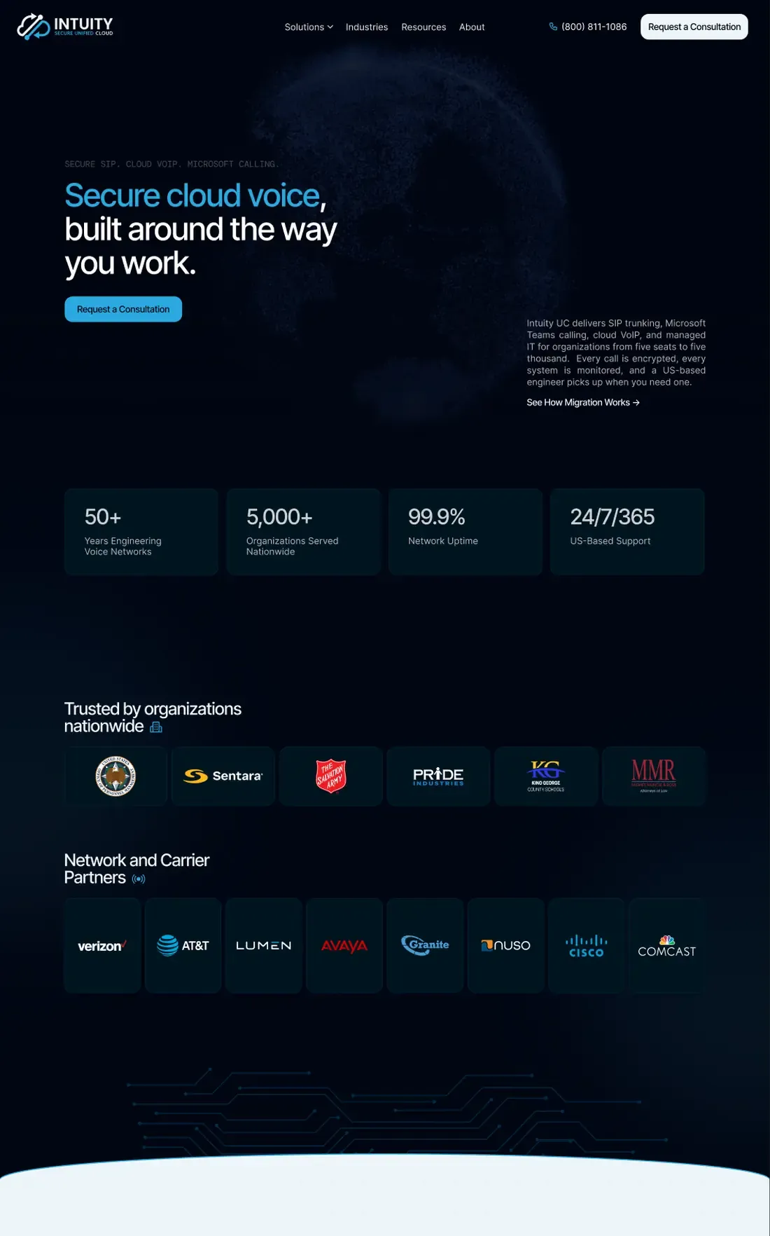 Intuity UC homepage design on desktop, full page: the secure cloud voice hero, proof stats, partner logos, services and the switch timeline
