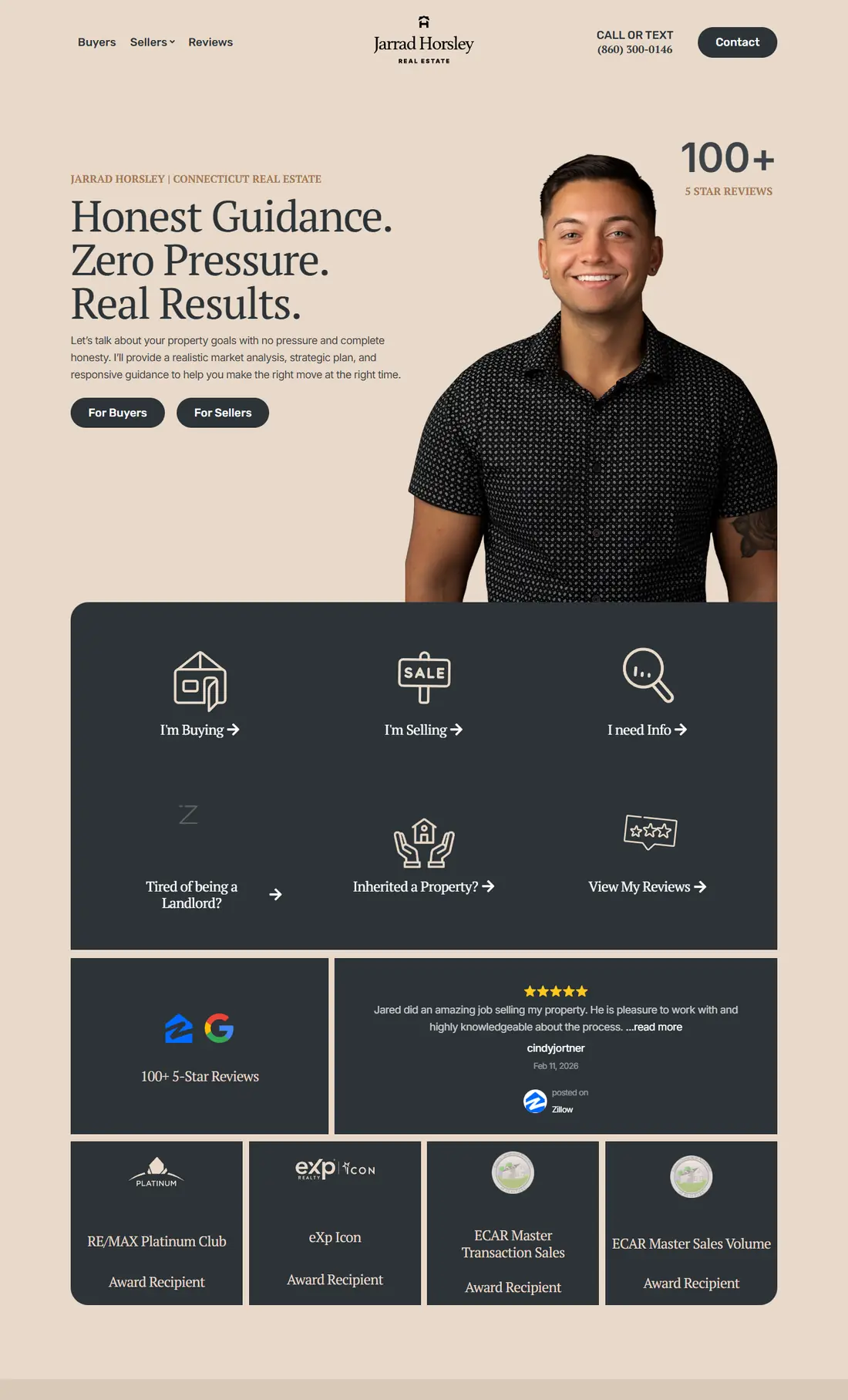 Jarrad Horsley Realty on desktop, full page: the Honest Guidance hero with intent buttons, awards and reviews