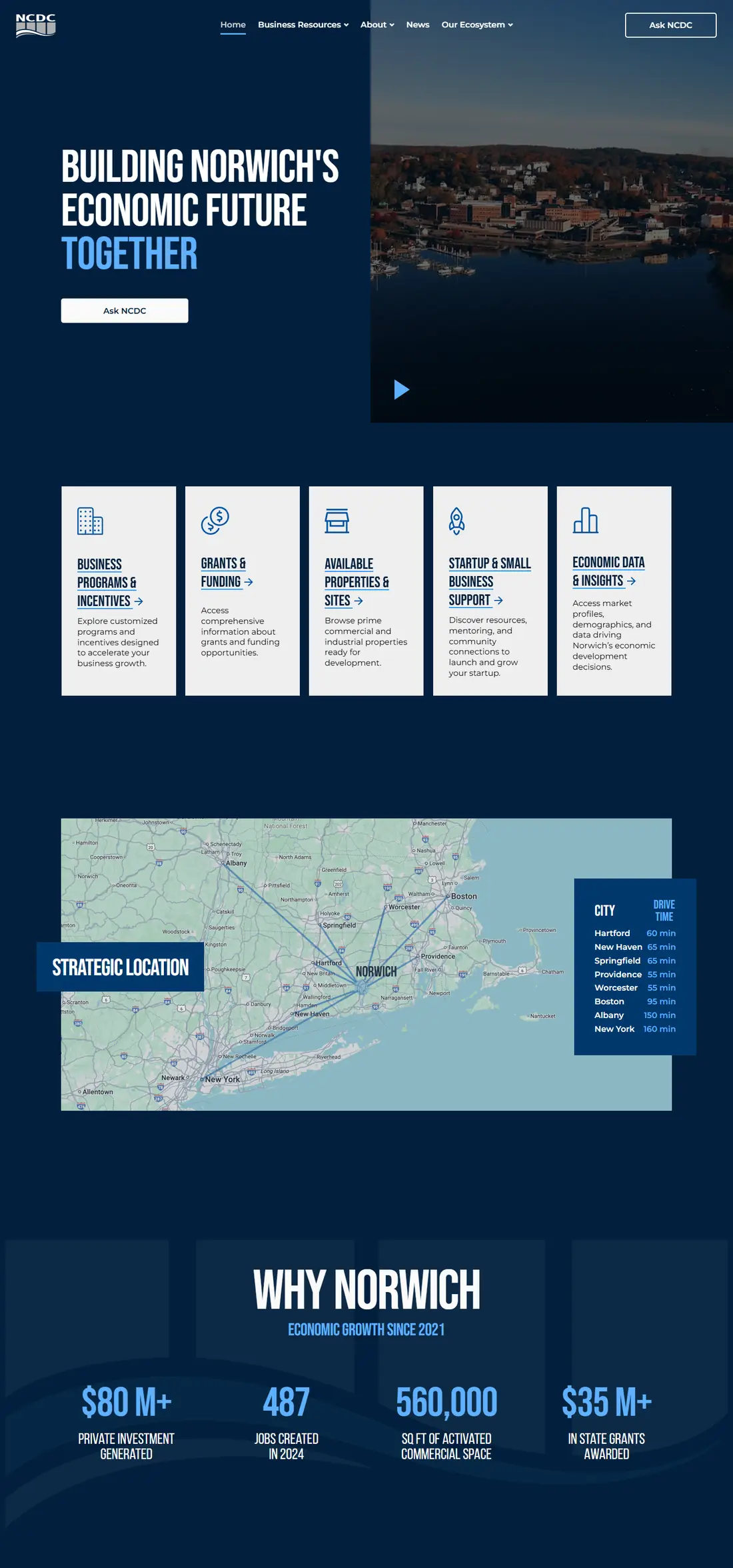 NCDC on desktop, full page: the Building Norwich hero, intent cards, impact numbers and drive times