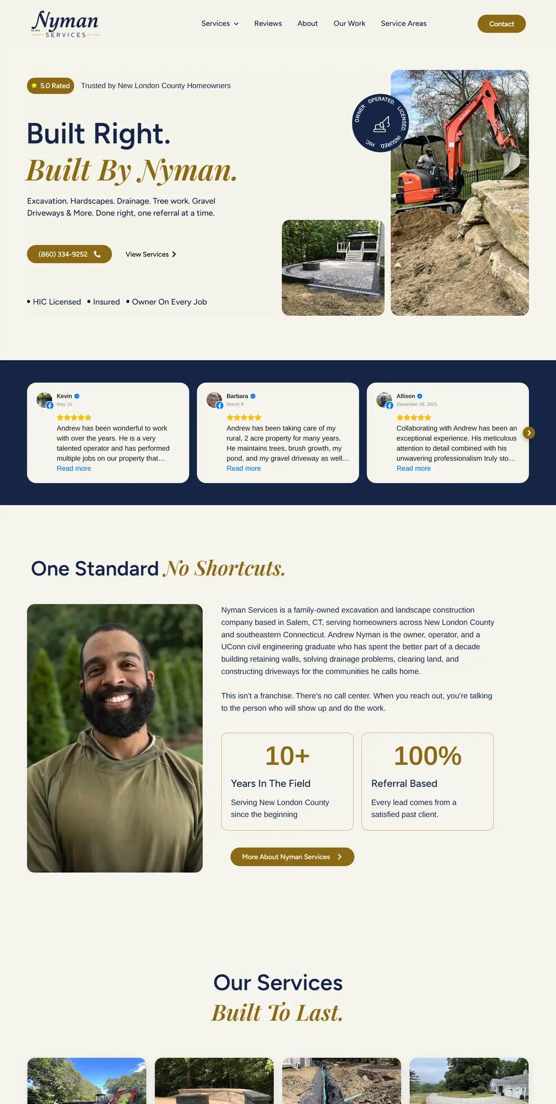 Nyman Services on desktop, full page: the Built Right hero with proof chips, services, job photos and the project form