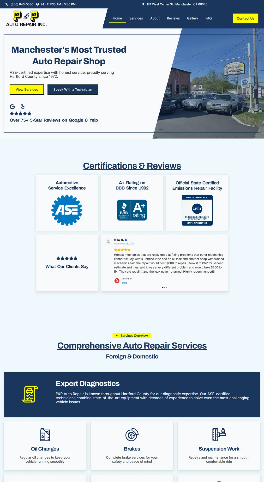 P&P Auto Repair on desktop, full page: the "Most trusted" hero, certifications band, services and shop history