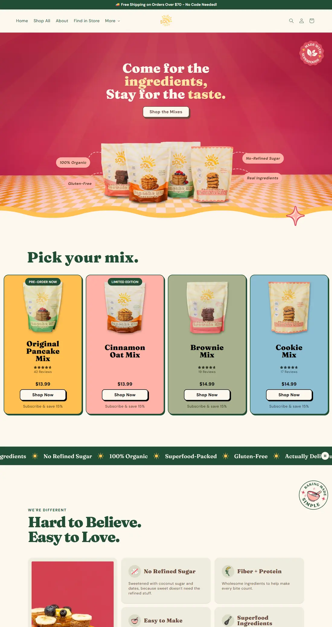 Sol Food on desktop, full page: the product hero, the mix lineup with reviews and prices, and the ingredient story