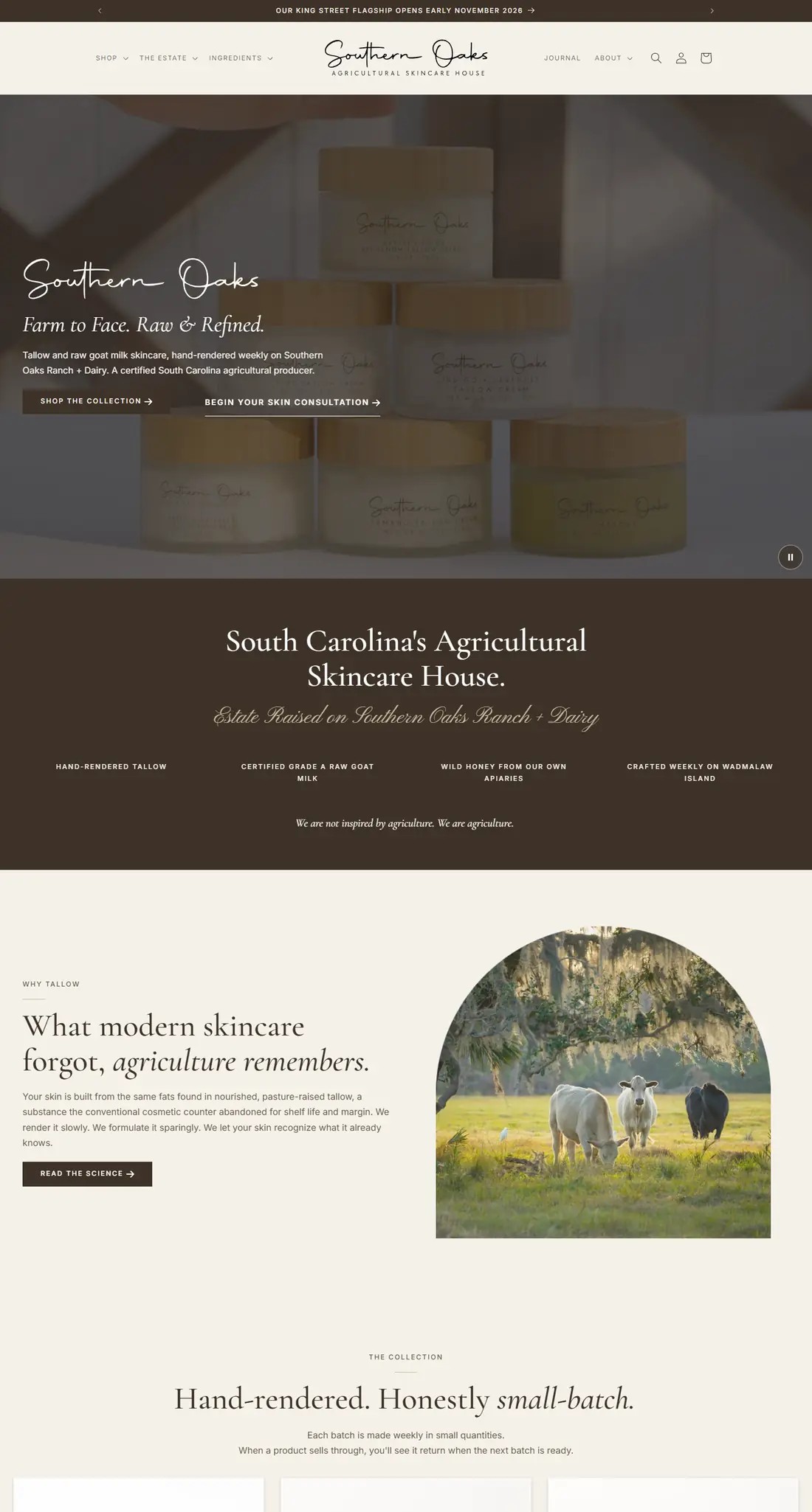 Southern Oaks on desktop, full page: the farm-to-face hero, the three-step provenance story and the collection