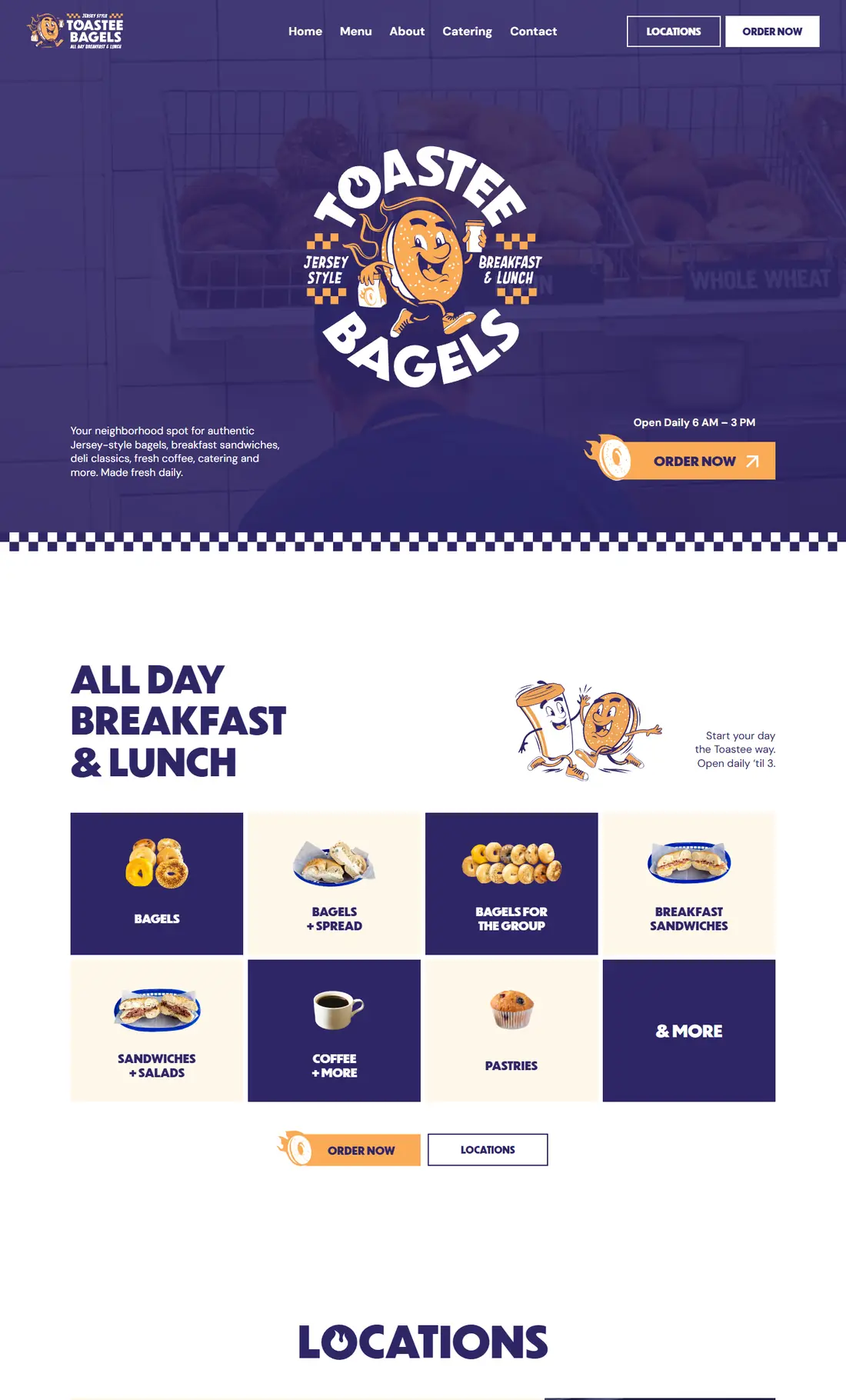 Toastee Bagels on desktop, full page: the bagel mascot logo, Order Now buttons, menu tiles and locations